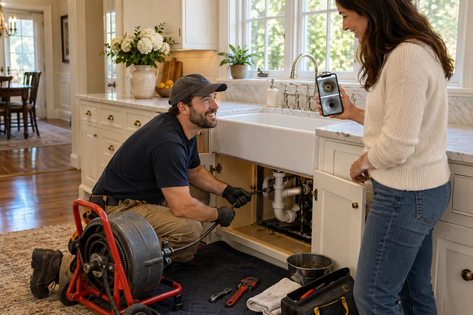 Friendly local drain cleaning provider checking a kitchen sink drain for a homeowner in Richmond