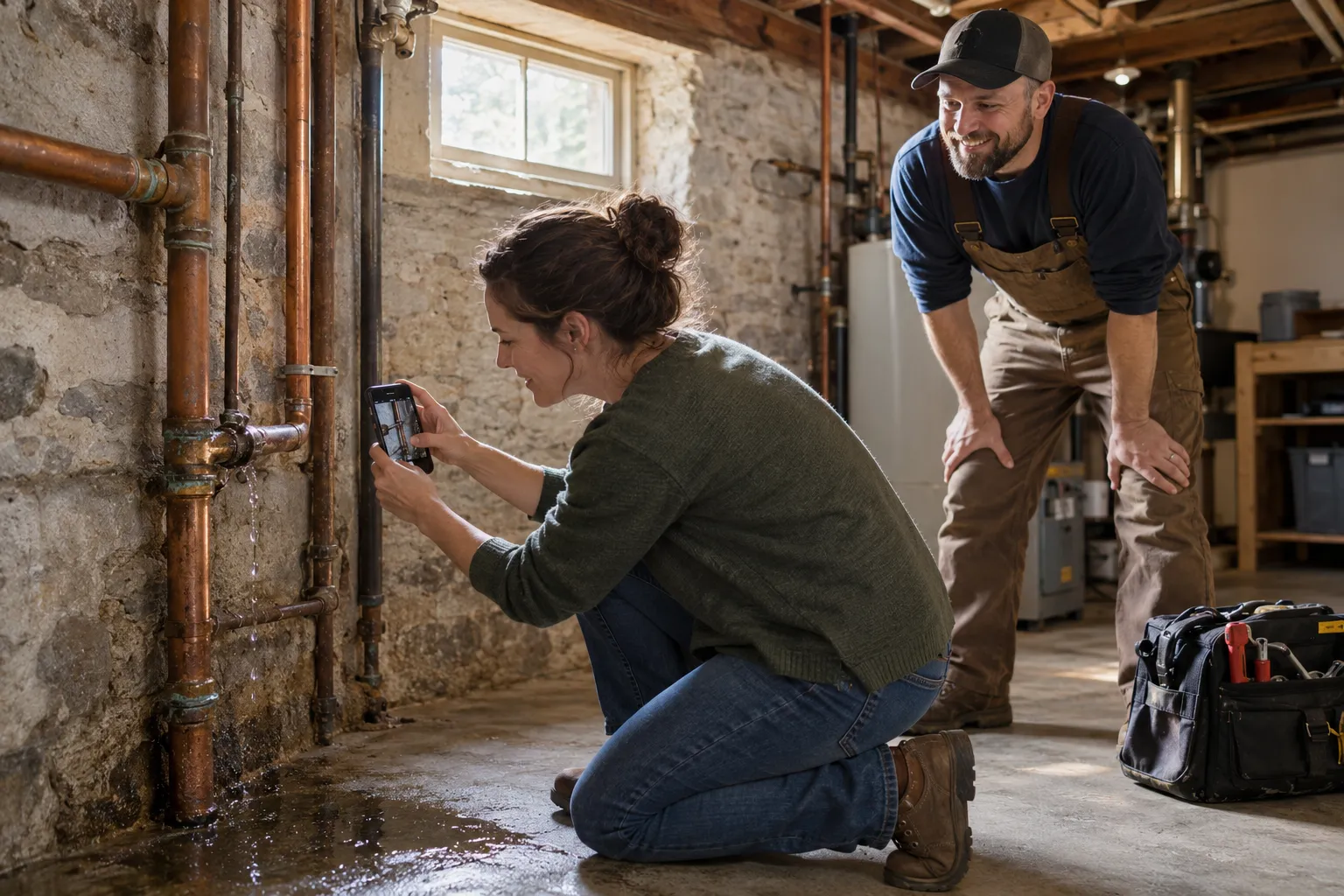 Homeowner photographing a leaking pipe under a kitchen sink in a Richmond home