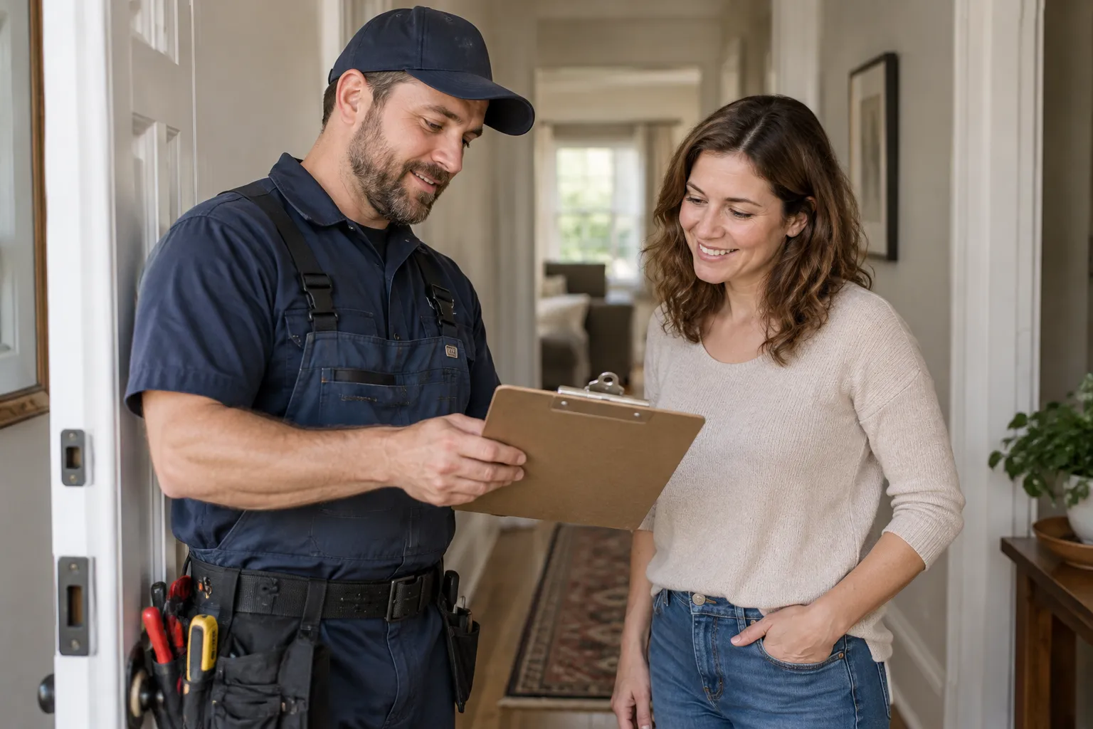 Friendly plumbing provider reviewing a written estimate with a homeowner in the Richmond area