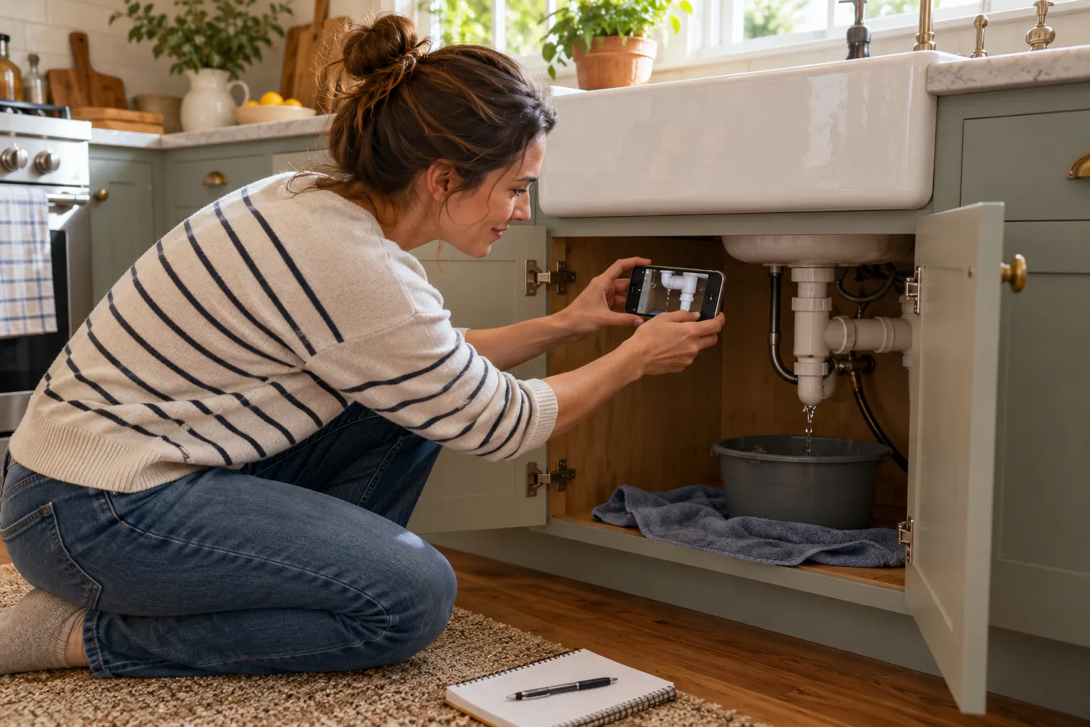 Homeowner in Richmond photographing a leaking pipe under a kitchen sink before requesting an estimate