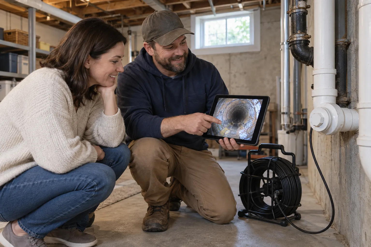 A friendly local plumbing provider showing a homeowner a sewer camera inspection screen in a Richmond home